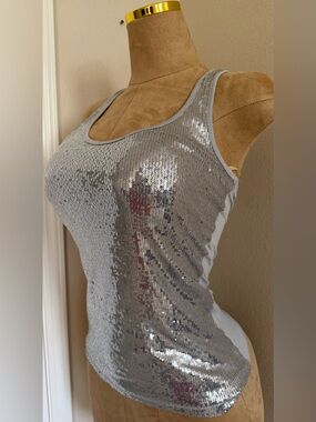 Silver Sequin Tank Top - Women's Shiny Scoop Neck